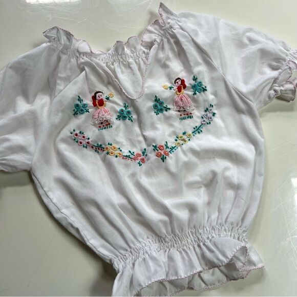 Boho Hand Embroidered Girl’s Pleated Puff Peasant Blouse - Picture 5 of 10